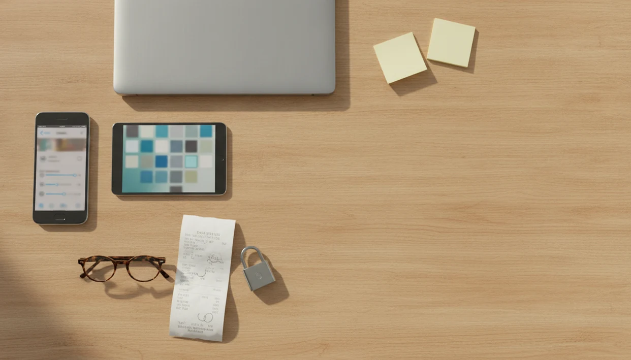 A tabletop arrangement of devices, notes, a receipt, and a padlock suggests practical digital tool choices.