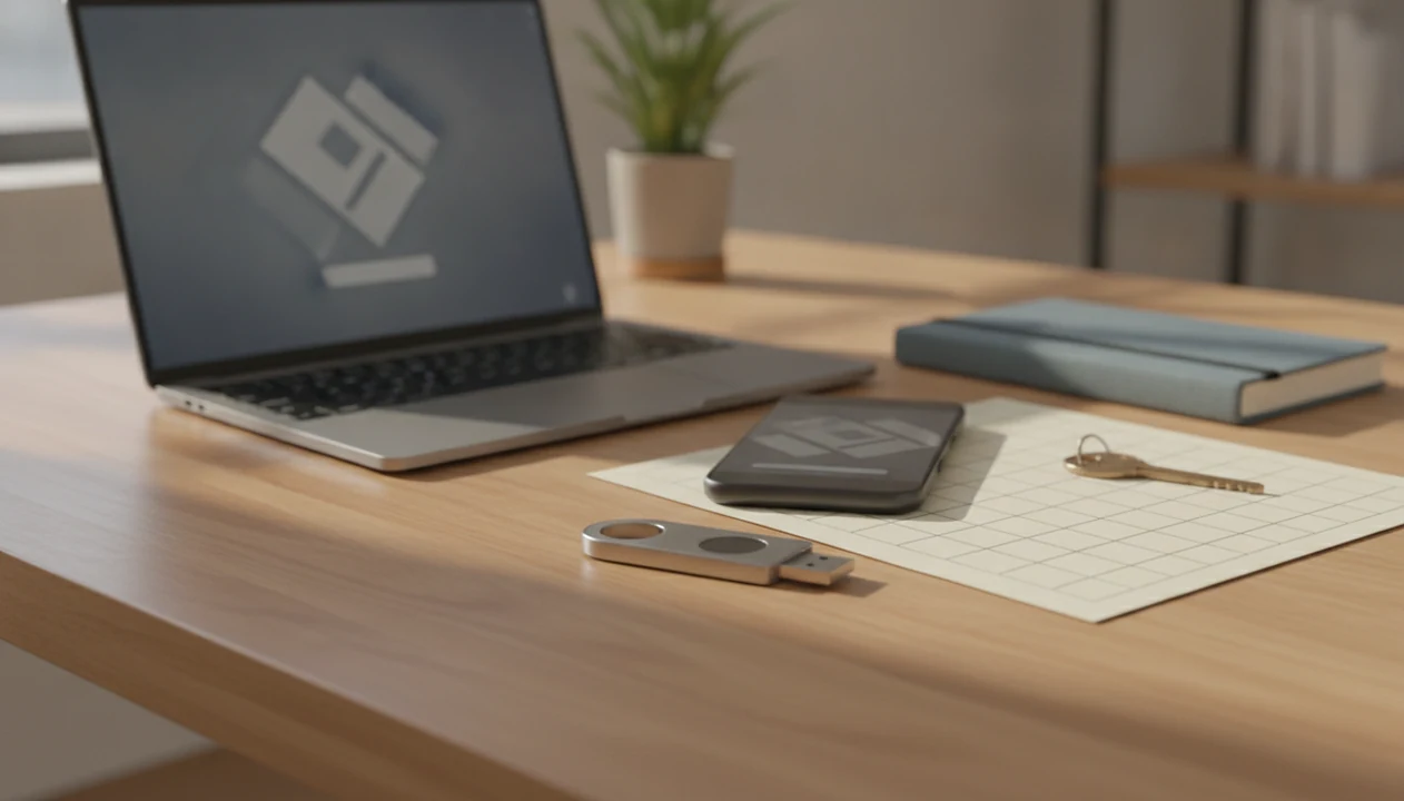 A laptop, phone, security key, and recovery notebook arranged on a desk for account protection.