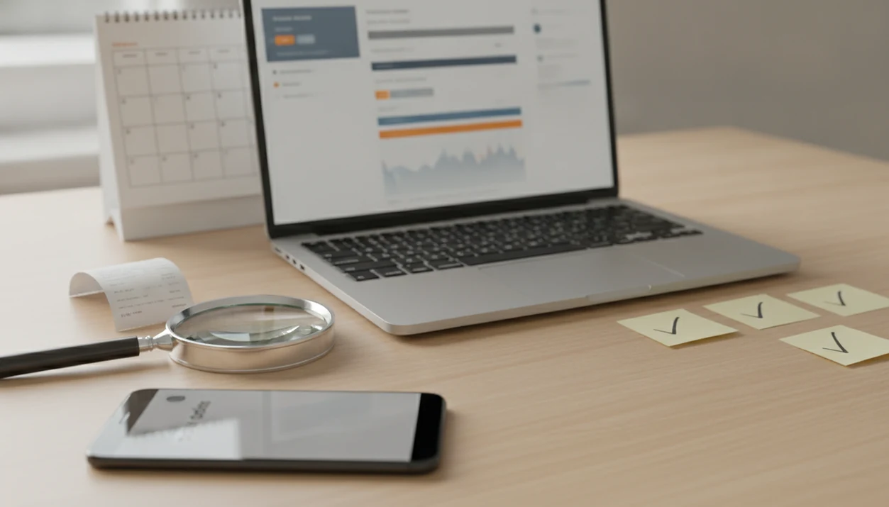 A desk setup with a laptop, magnifying glass, receipt, phone, and notes suggesting software review fact checking.