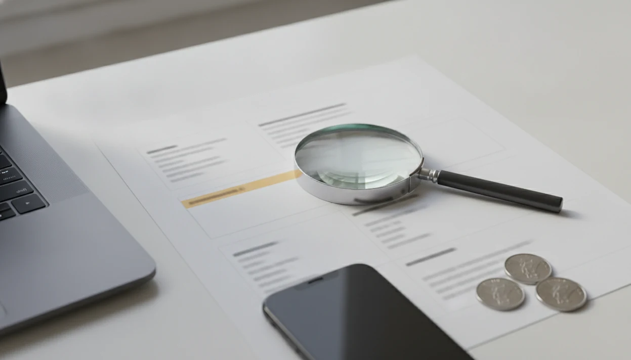 A desk scene shows a blurred tech review page with a highlighted disclosure area near a recommendation.