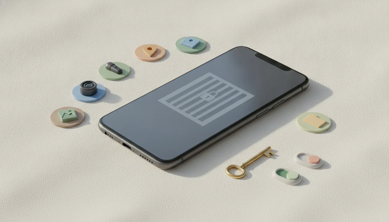 A smartphone is surrounded by abstract permission icons, a key, and toggle shapes on a clean desk.