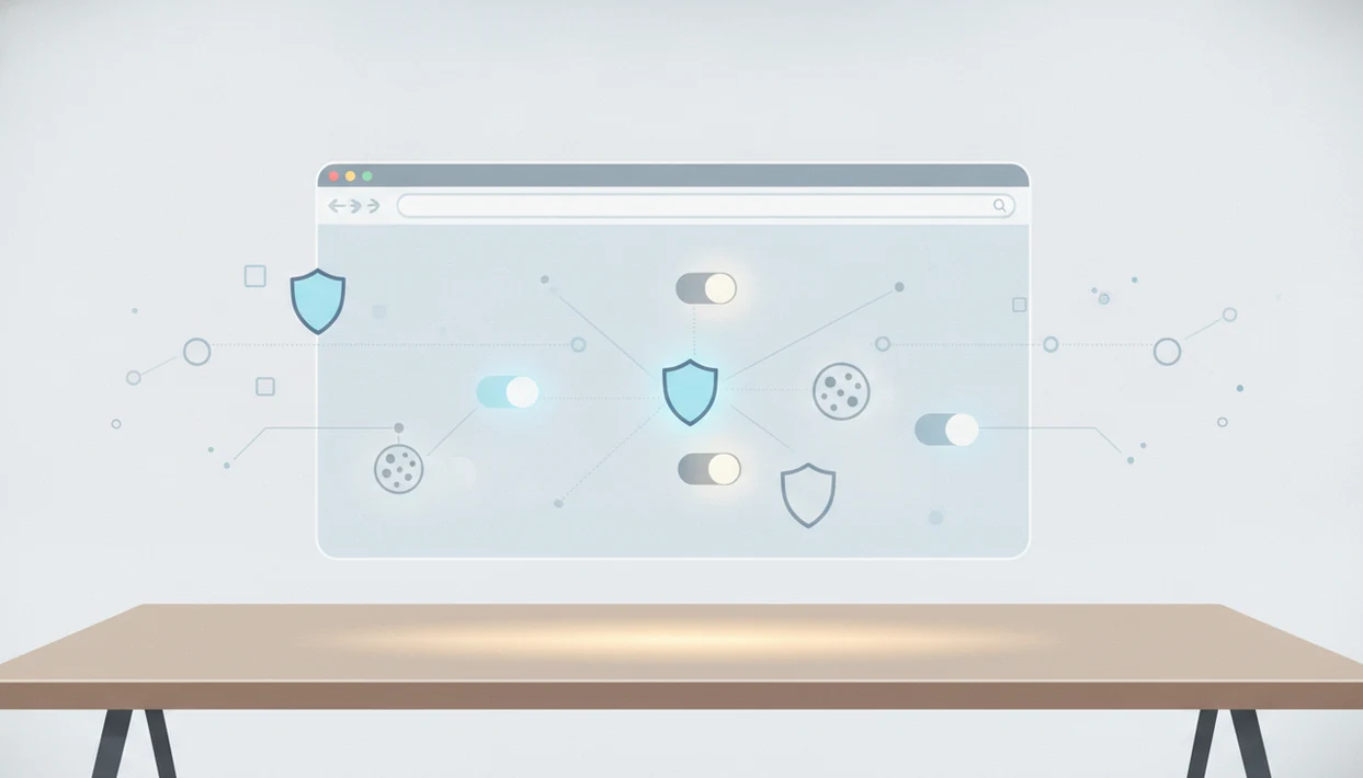 A frosted browser window filters abstract tracking signals through privacy controls on a calm blue desk.