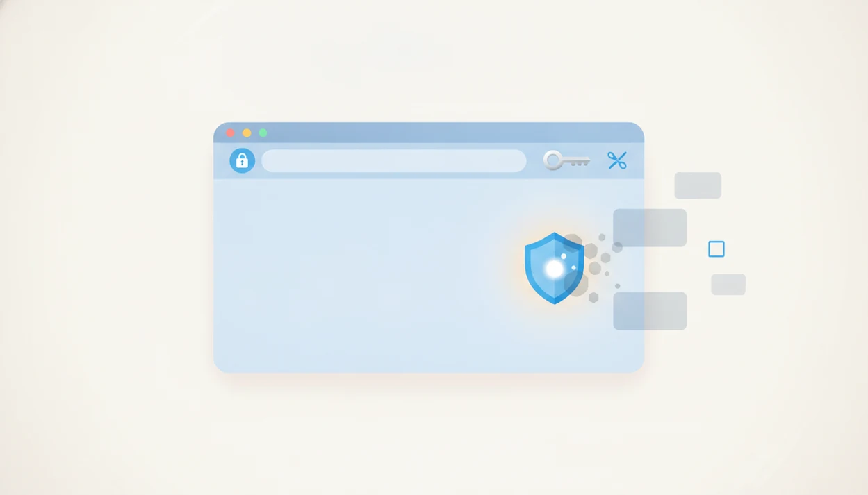 A simplified browser window shows a few trusted utility icons while unused extensions fade away.