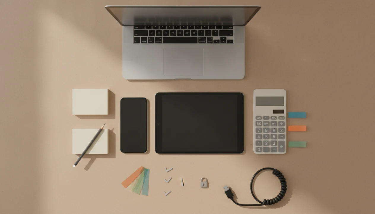 A tidy desk with blank devices, notes, calculator, and privacy cues arranged for comparing software choices.