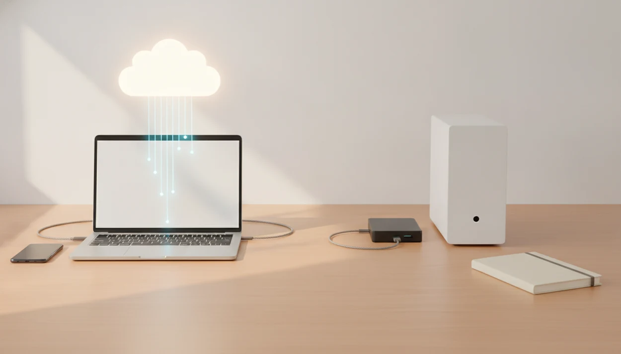 A split desk scene compares cloud-connected devices with local hardware and storage.