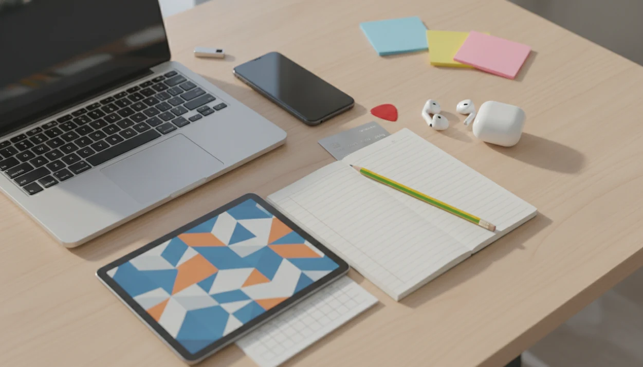 A tidy desk shows a laptop, phone, tablet, notebook, guitar pick, and everyday digital tool items.