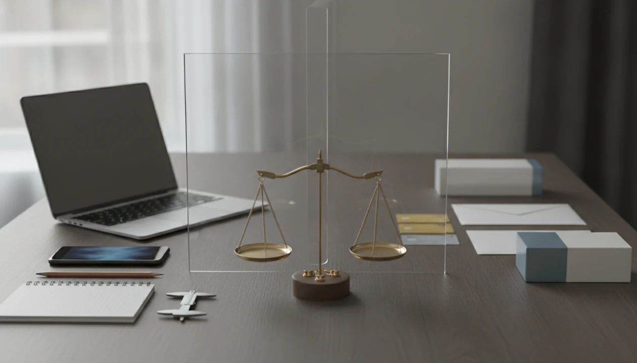 A review desk divided by glass between testing tools and commercial items, with a balanced scale in front.