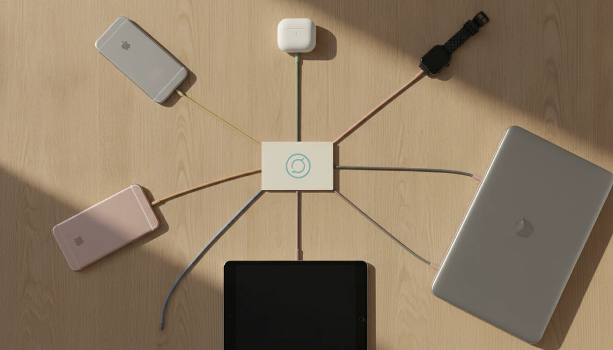 A central subscription card connects to several household devices on a table, suggesting family app sharing.