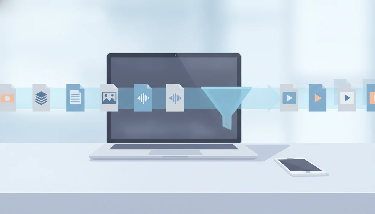 A laptop and phone show generic files flowing through a visual conversion path on a clean desk.