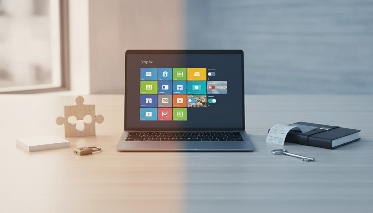 A laptop on a desk contrasts free software symbols with paid access and support items.