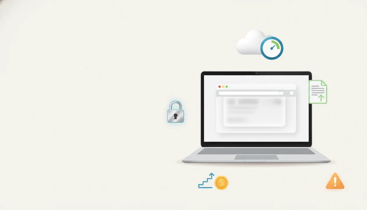 A laptop and simple icons show privacy, limits, exports, and upgrade tradeoffs of free web tools.