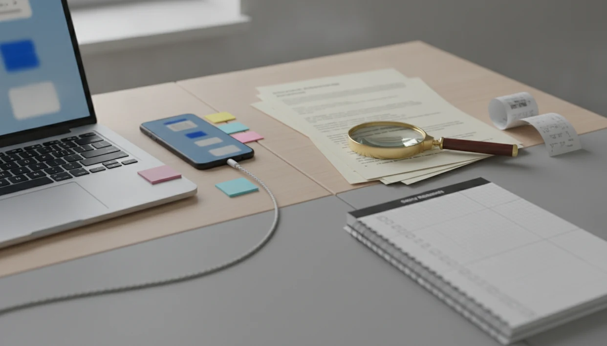 A desk shows devices for hands-on app testing beside research papers, a receipt, and a magnifying glass.
