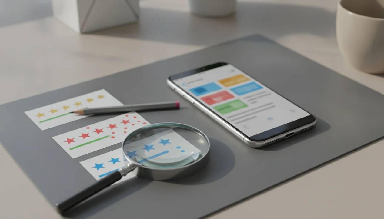 A phone, rating cards, and a magnifying glass suggest carefully checking app store reviews.