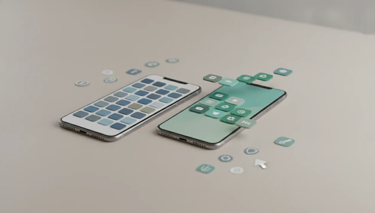 Two smartphones with abstract app icons compare orderly and customizable mobile app ecosystems.
