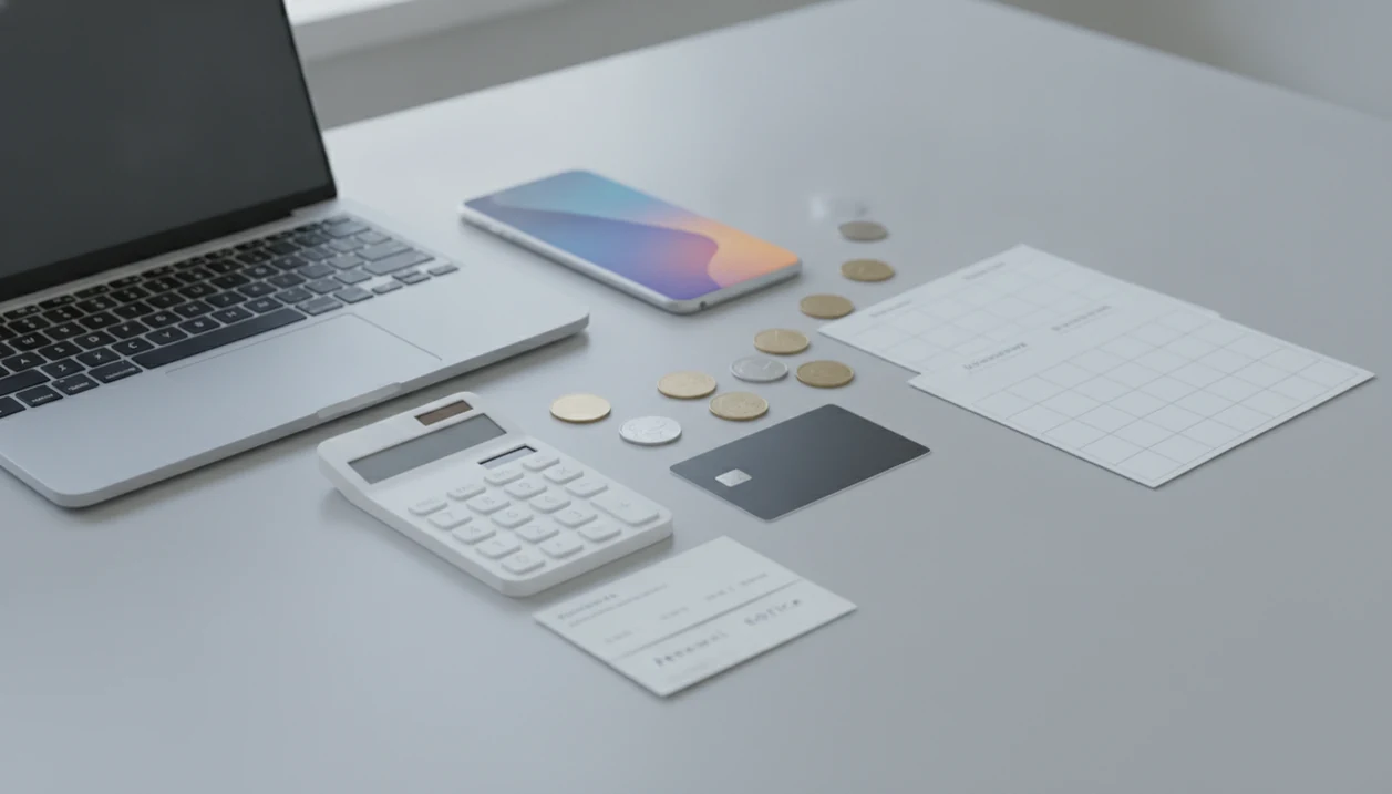 A desk still life shows devices, coins, blank bills, and calendar pages suggesting software costs over time.