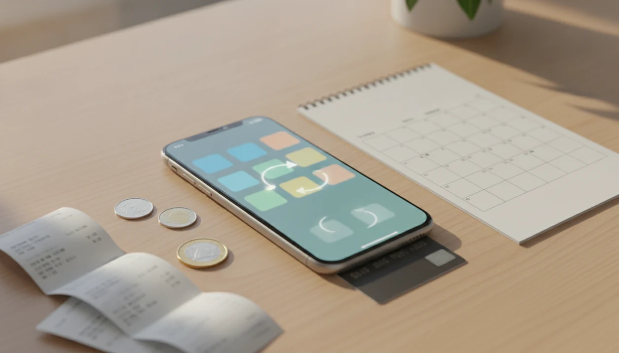 A smartphone sits among coins, a blank calendar, and receipts, suggesting recurring app subscription costs.