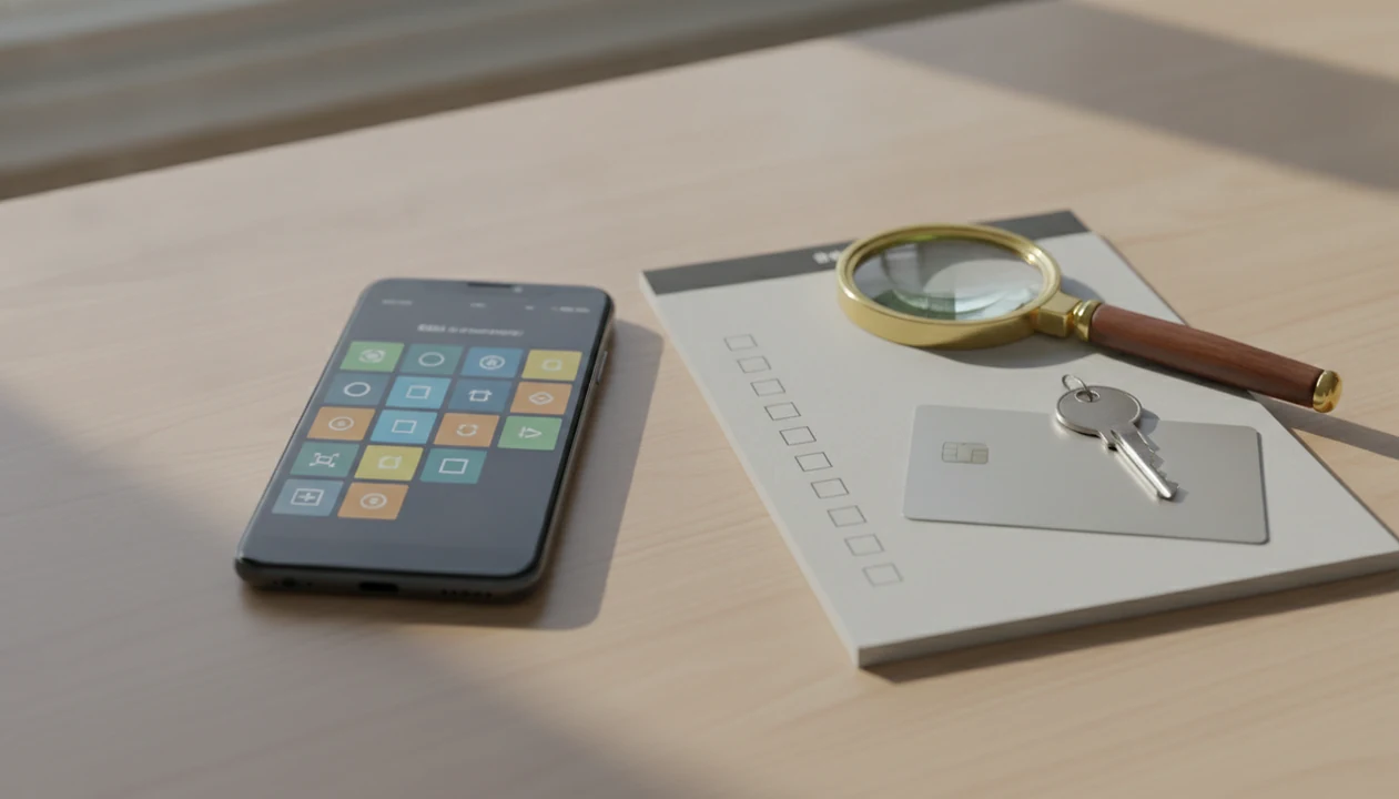 A smartphone with abstract app icons sits beside a checklist, magnifying glass, key, and credit card.