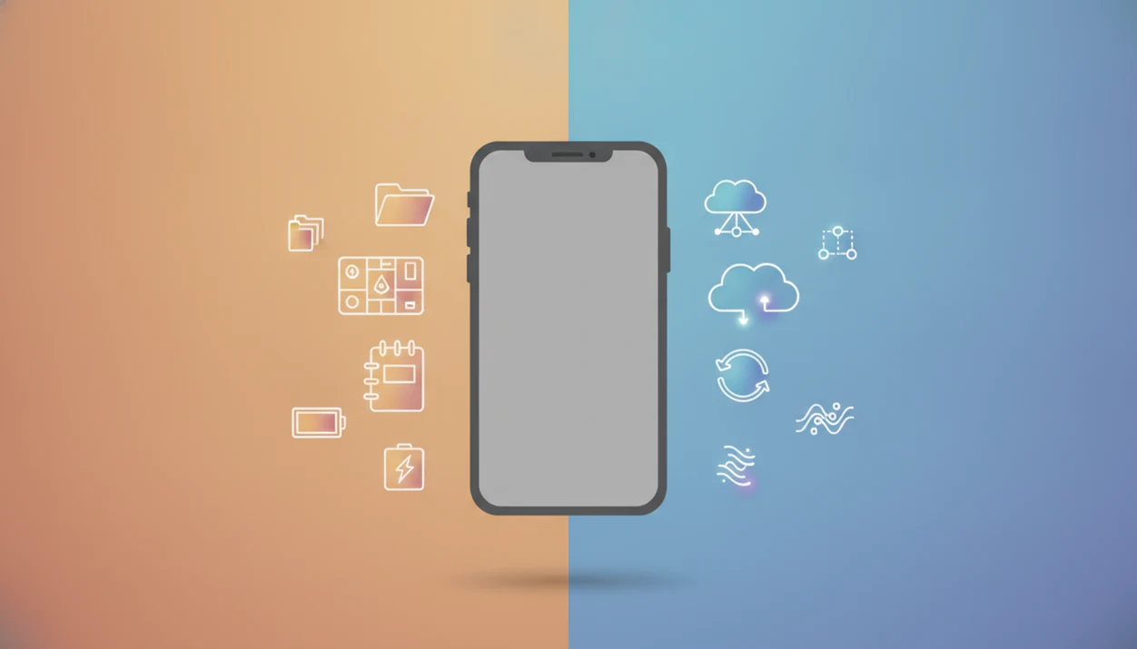 A split illustration shows a phone balancing local offline tools with cloud-connected online features.