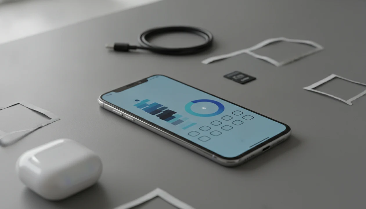 A smartphone shows abstract storage blocks beside digital clutter, suggesting full storage slowing apps.