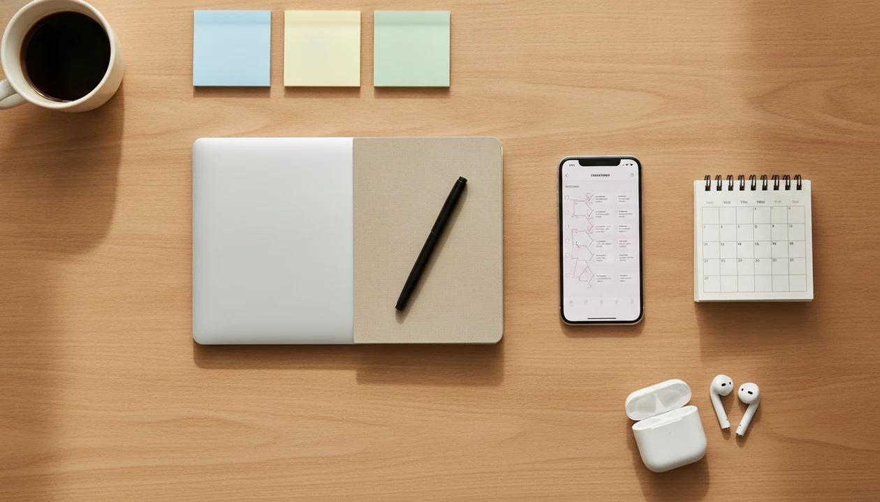 An organized desk with a laptop, phone, notebook, calendar, sticky notes, pen, earbuds, and coffee.