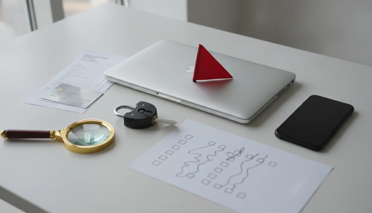 A desk setup shows a laptop, warning flag, checklist, payment card, lock, and magnifying glass for software review.