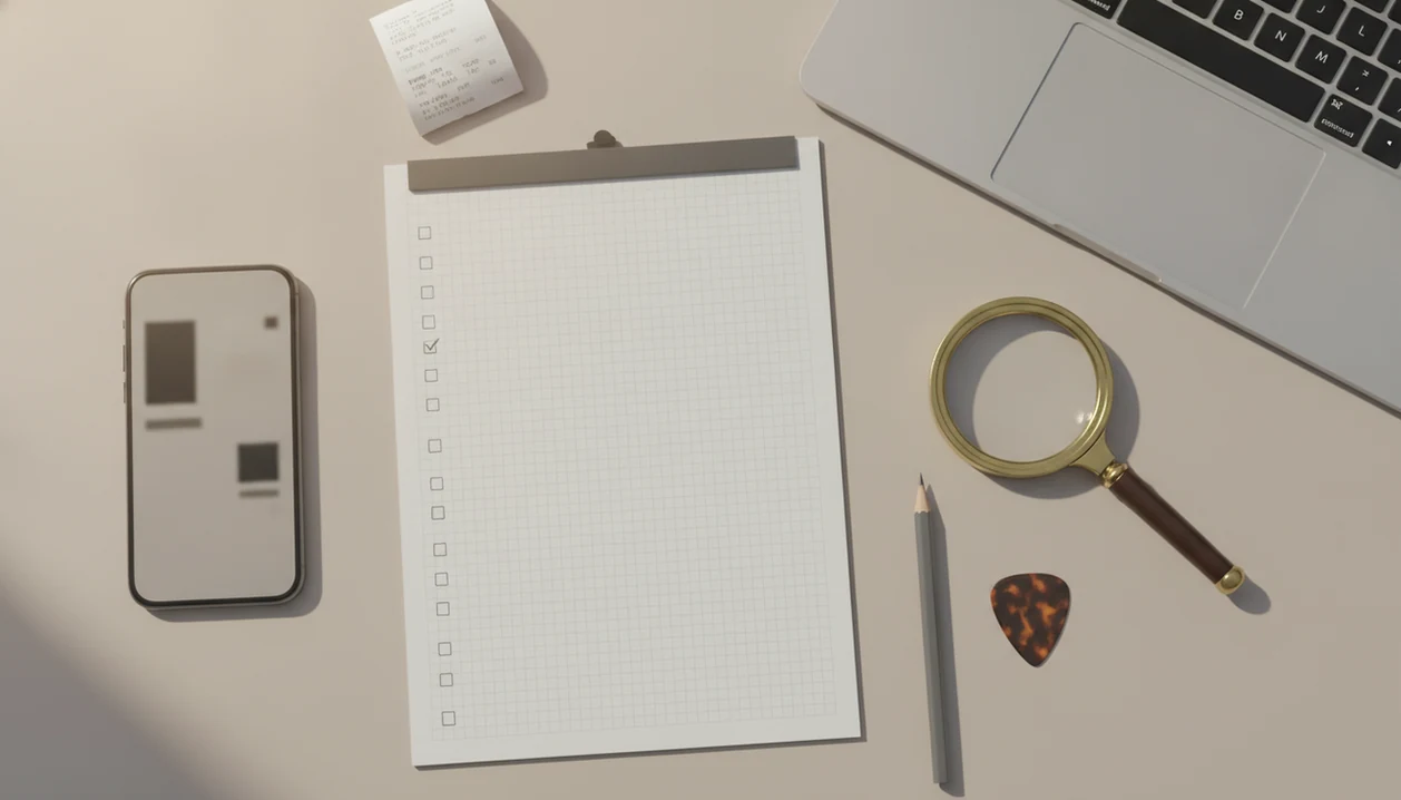 A review desk shows a blank checklist, phone, receipt, magnifying glass, pencil, and guitar pick.