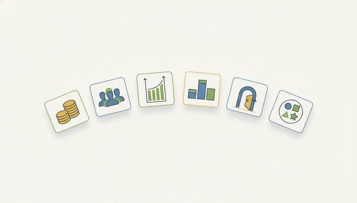 Abstract pricing plan cards show different SaaS billing models with coins, users, meters, and tiers.
