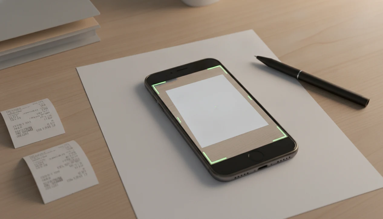 A smartphone on a desk captures a paper document with scanner app edge detection visible.