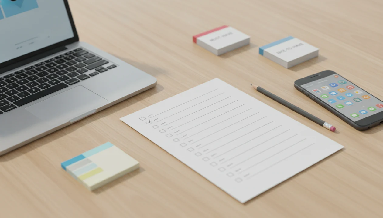 A desk setup with a blank software checklist, laptop, phone, notes, and pencil for comparing apps.