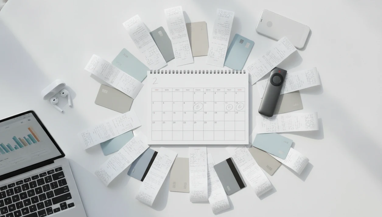 A cluttered desk shows receipts, cards, devices, and a calendar symbolizing software subscription fatigue.