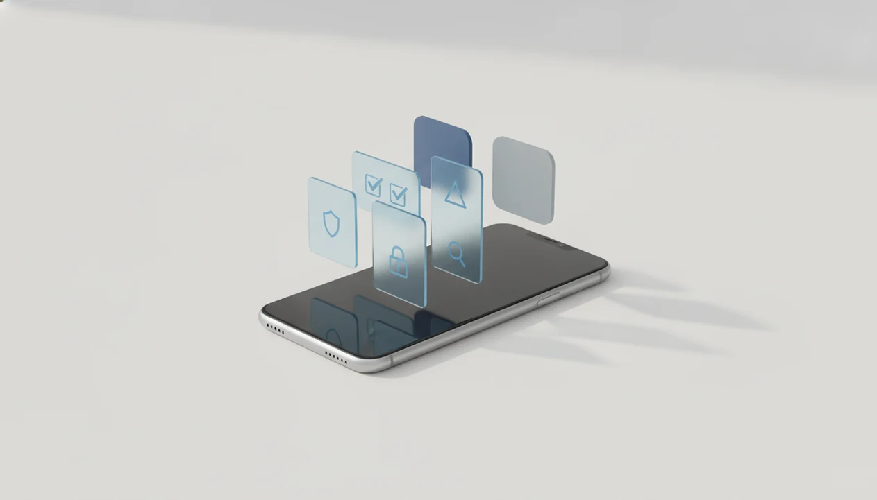 Abstract app update tiles pass through a review checkpoint before reaching a smartphone.
