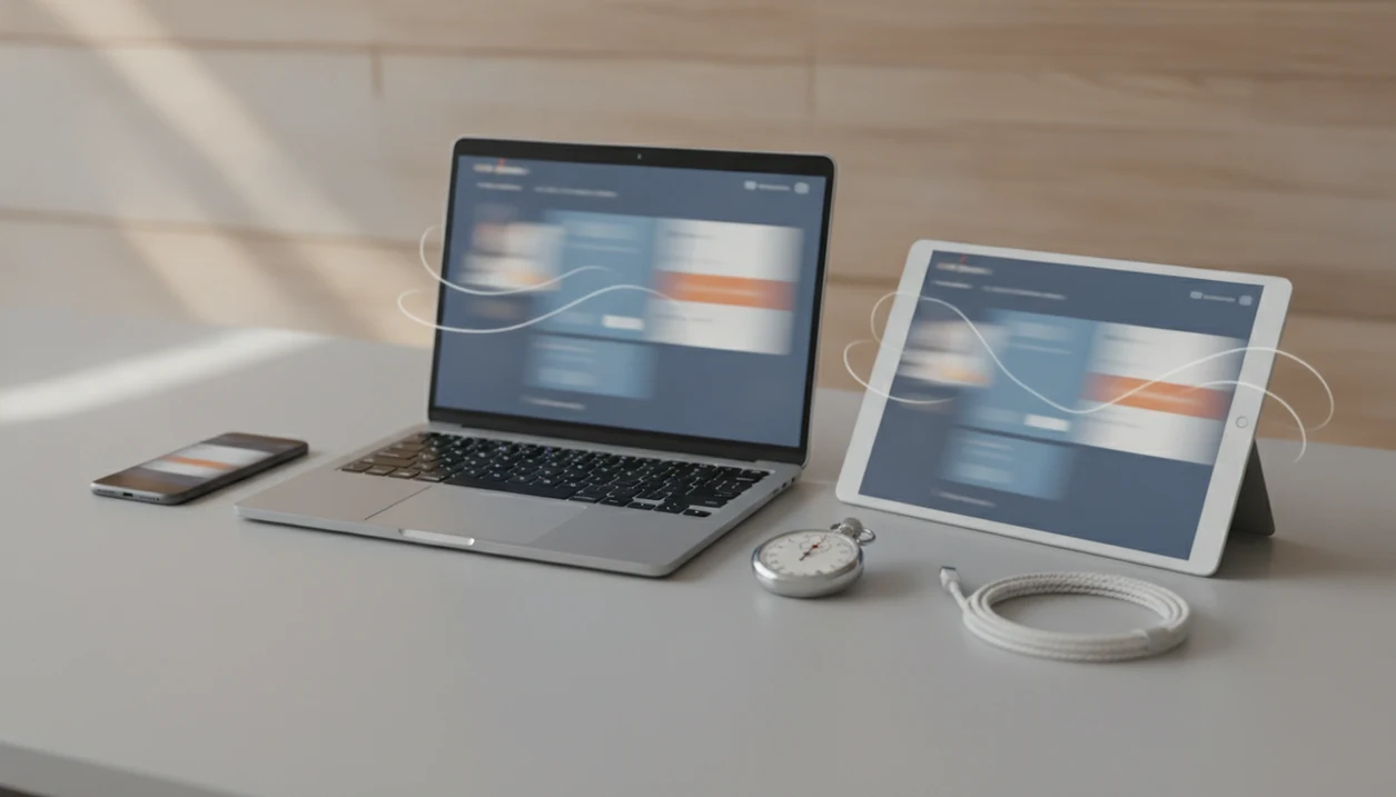 A laptop, tablet, and phone on a desk with abstract screens and subtle speed-testing cues.