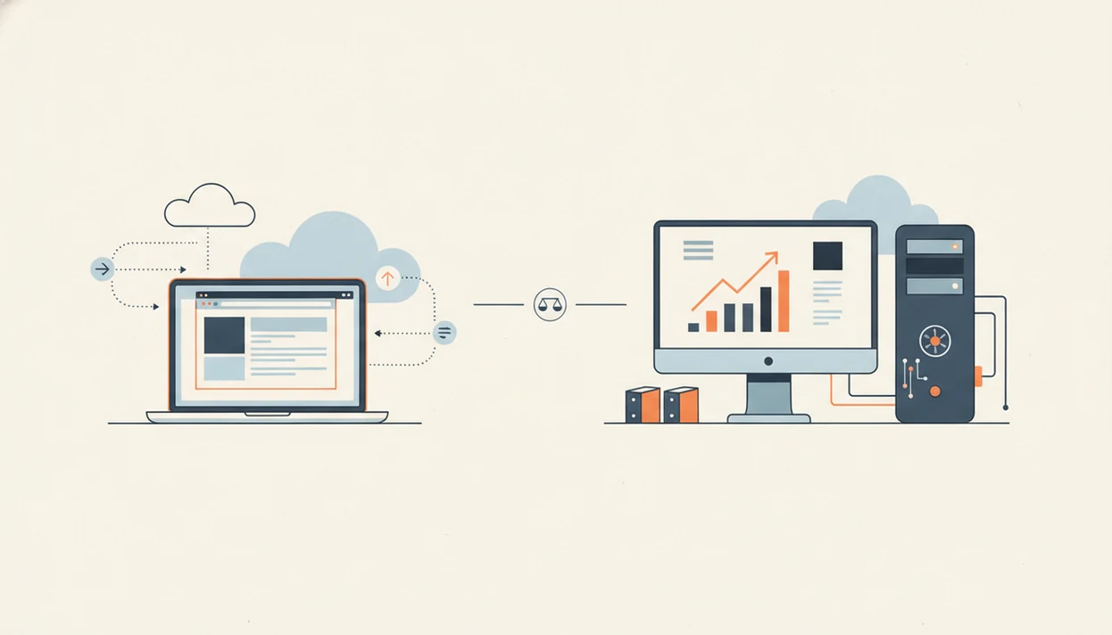 An illustrated split workspace compares browser-based web apps with installed desktop software.