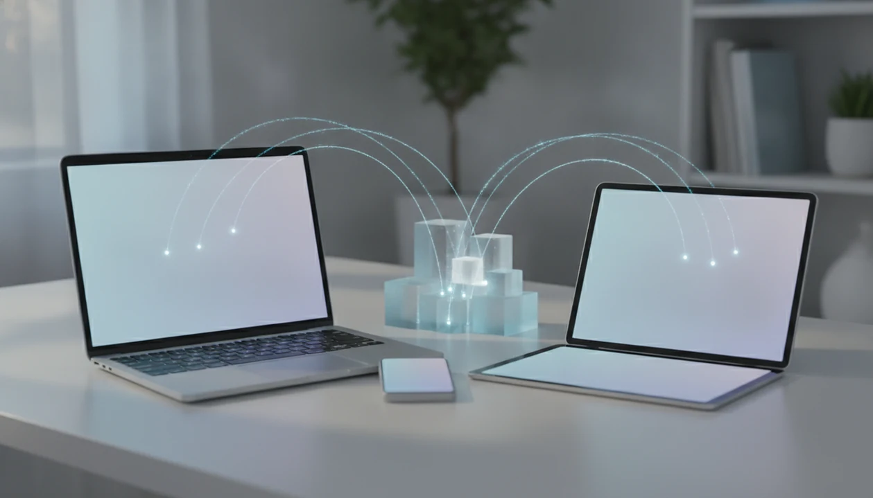 Laptop, tablet, and phone connected to abstract cloud server blocks on a clean desk.