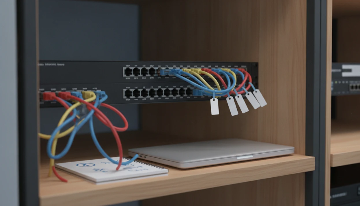 A network switch with messy and organized cables, suggesting when to change management tools.